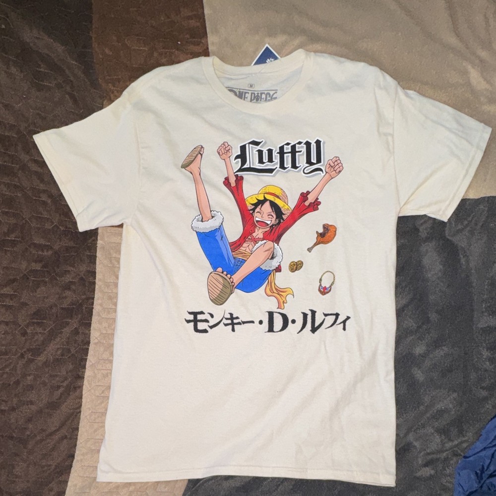 NEW One Piece Monkey D. Luffy Graphic Logo Men’s White T-Shirt Size M Cotton