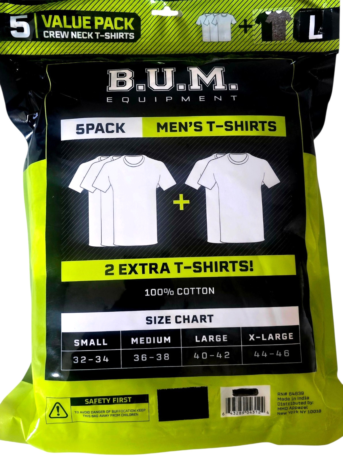 BUM 5x Value Pack Men's T-shirts, Cotton (3 White, 1 Gray, & 1 Black), Large gallery