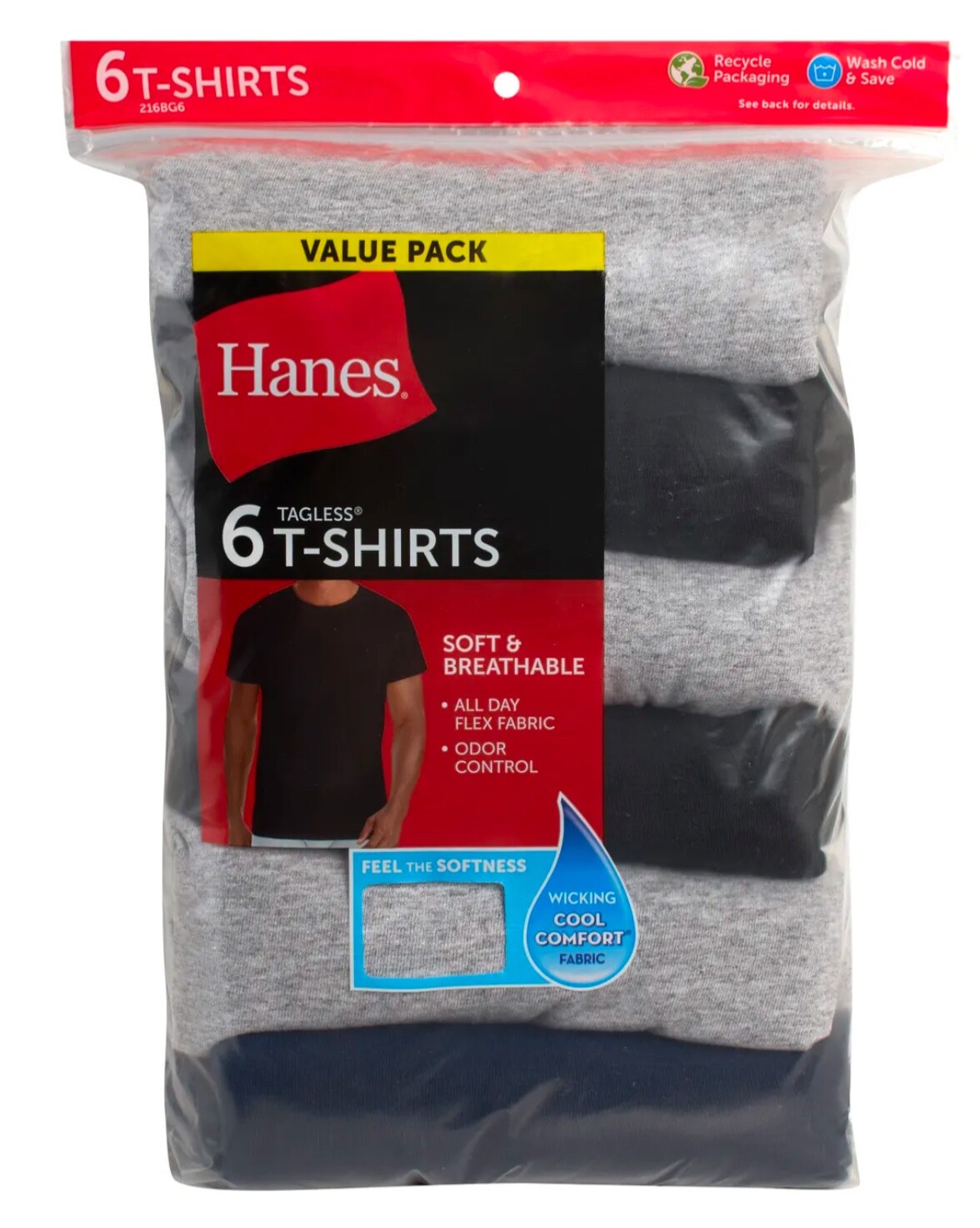 Hanes 6-pack Mens T-Shirt Moisture-Wicking Cotton Crewneck Tees Black, Gray XL gallery