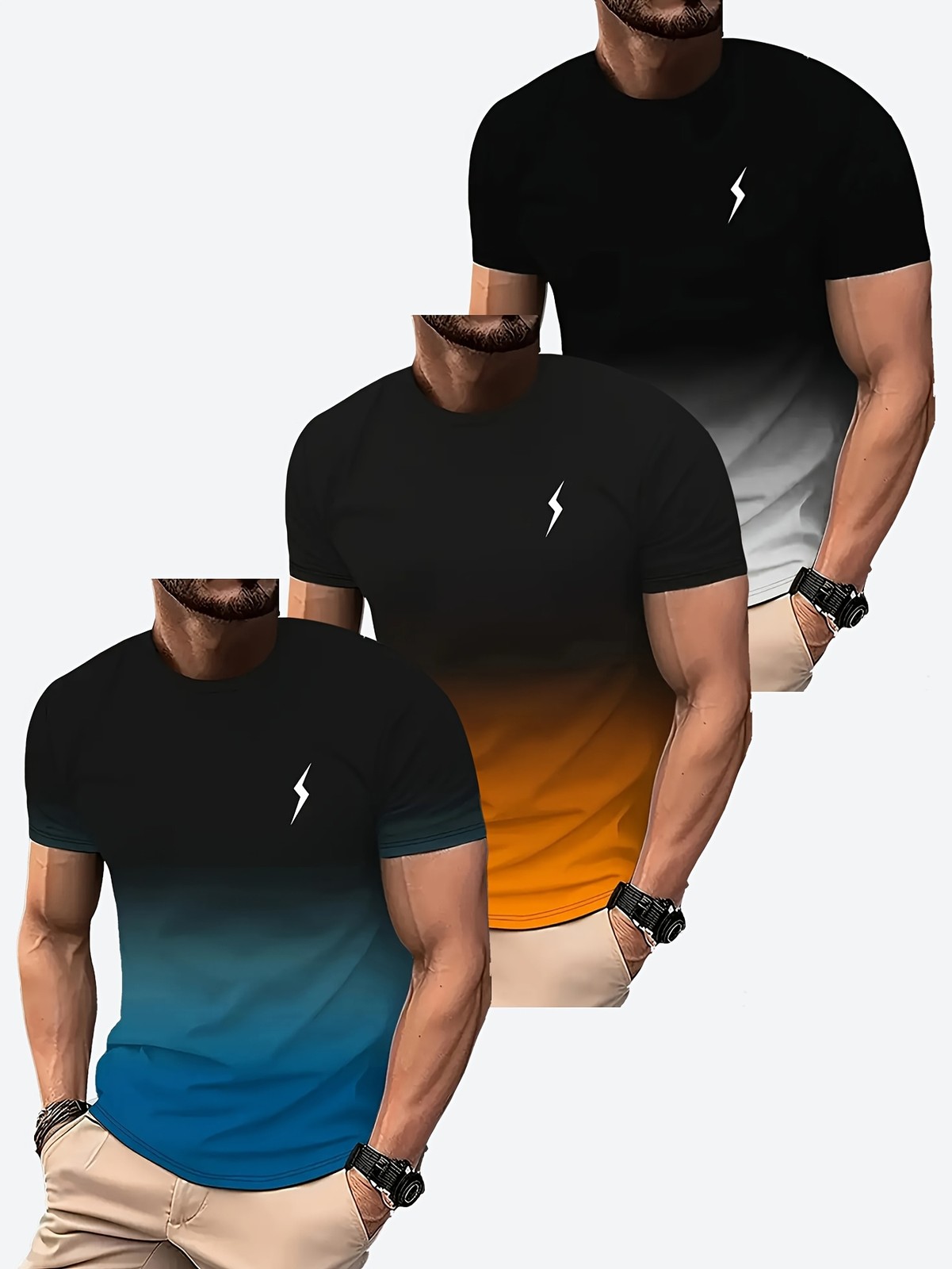 Set of 3 Men'S Sports T-Shirts, Featuring a Cool Gradient 3D Print, Quick-Dry Sh gallery