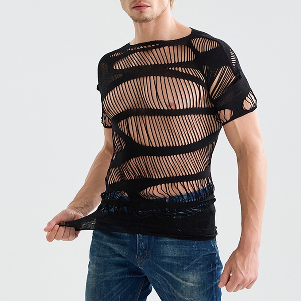 Trendy Men's Hollow Out Mesh T Shirts with Short Sleeves and O Neck Design gallery