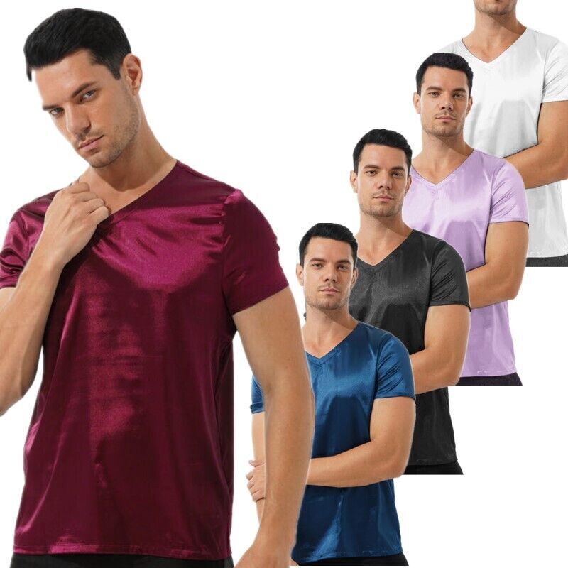 US Men Satin Silk Short Sleeve V-Neck T-Shirt Tee Blouse Nightwear Sleepwear gallery