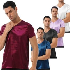 Men’s Satin Pullover Short Sleeve V Neck Tops Loungewear Sleepwear Nightwear