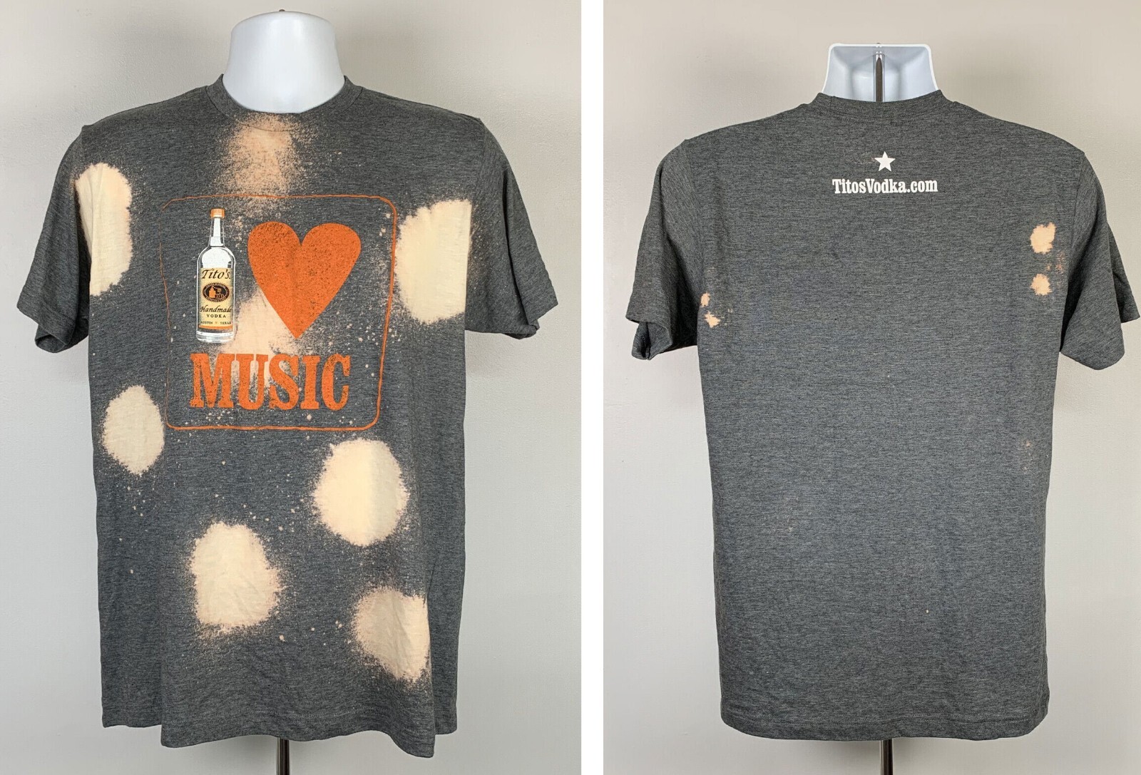 Tito’s Vodka Heart I Love Music T Shirt Mens Large Poly cotton Blend Spotted