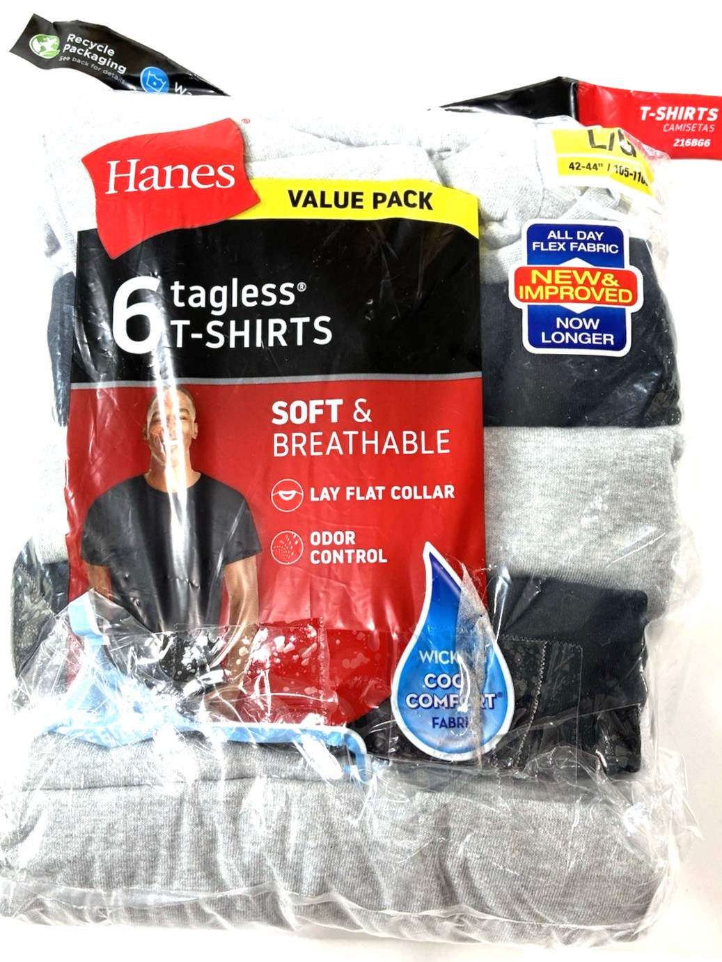 HANES 5 Tagless T-Shirts Size Large 42-44” Gray/Black Wicking Cool Comfort gallery