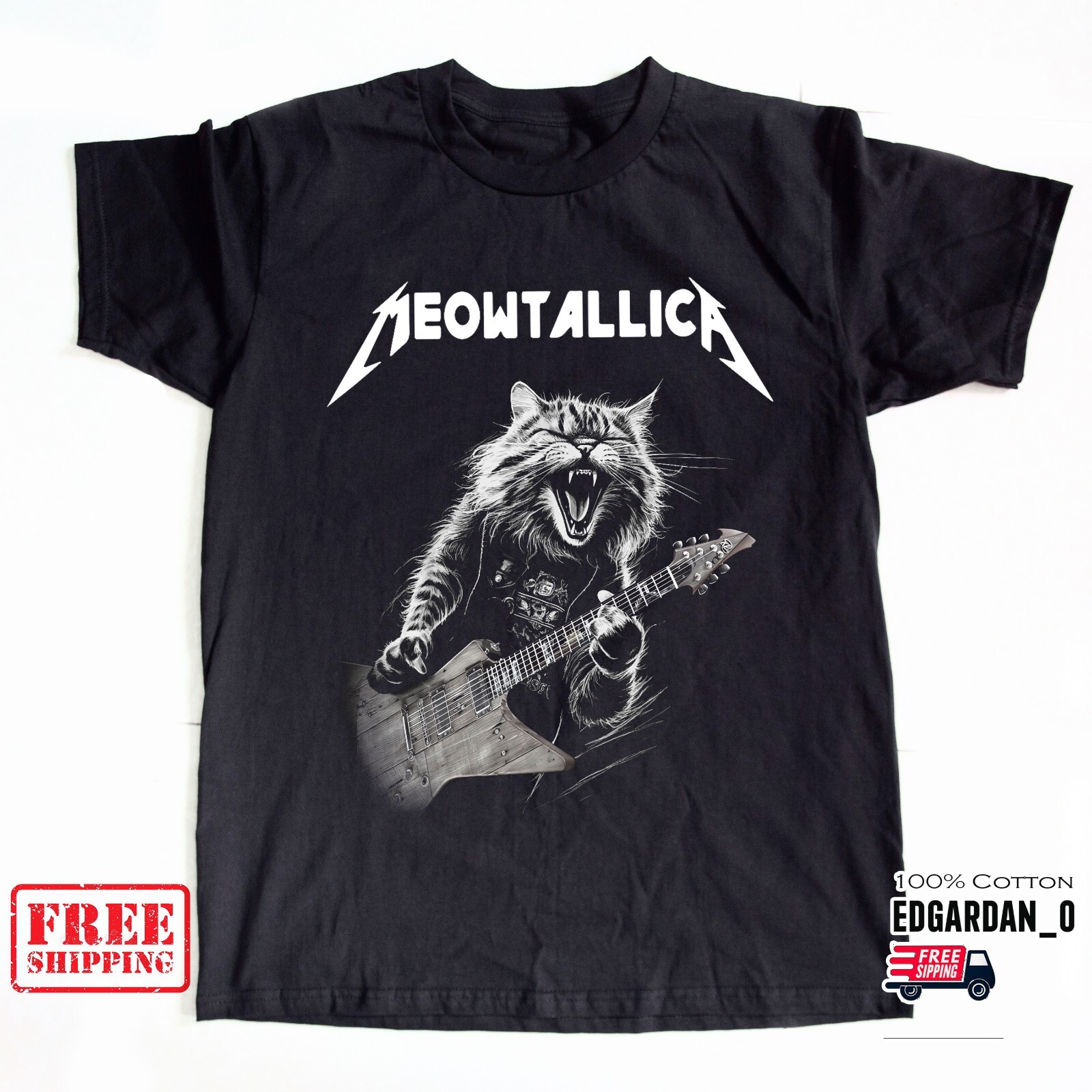 Meowtallic, Metallica Rock Cat Playing Guitar Funny T shirt All Size