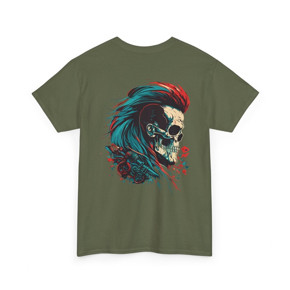 Biker Skull T Shirt Neon Mohawk BACK Graphic Tee Cyberpunk Punk Rock Streetwear