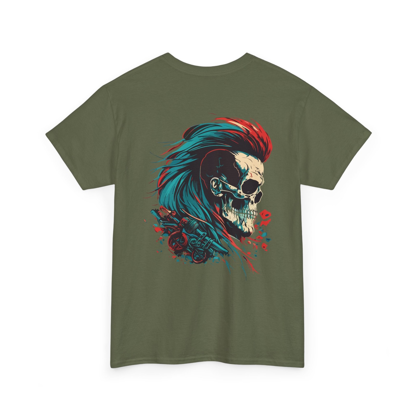 Biker Skull T Shirt Neon Mohawk BACK Graphic Tee Cyberpunk Punk Rock Streetwear