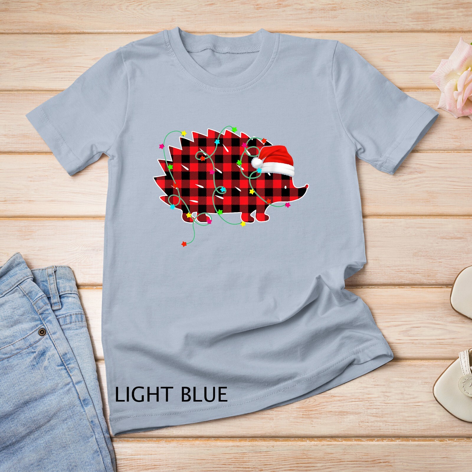 Funny Hedgehog Christmas Tree Red Plaid Xmas Animals Lover Unisex T-shirt gallery