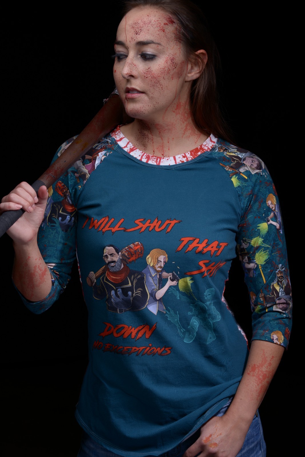 Handmade Walking Dead 3/4 Length Sleeve Graphic T-Shirt with Blood Splatter Back