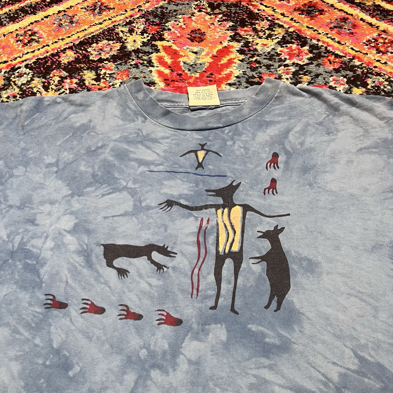 Vintage Primitives Andrea Bragg Tribal Animal Art T-Shirt XL USA Made Blue 90s gallery