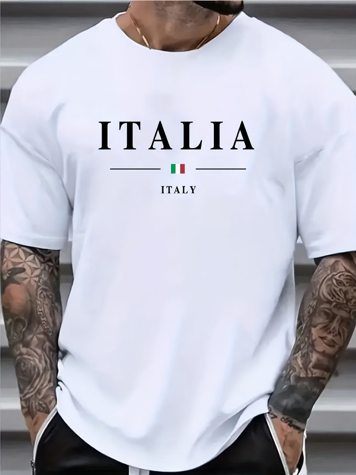 en's Italian Flag T-Shirt - Heavyweight 100% Cotton Crewneck Tee with ITALIA Gra gallery