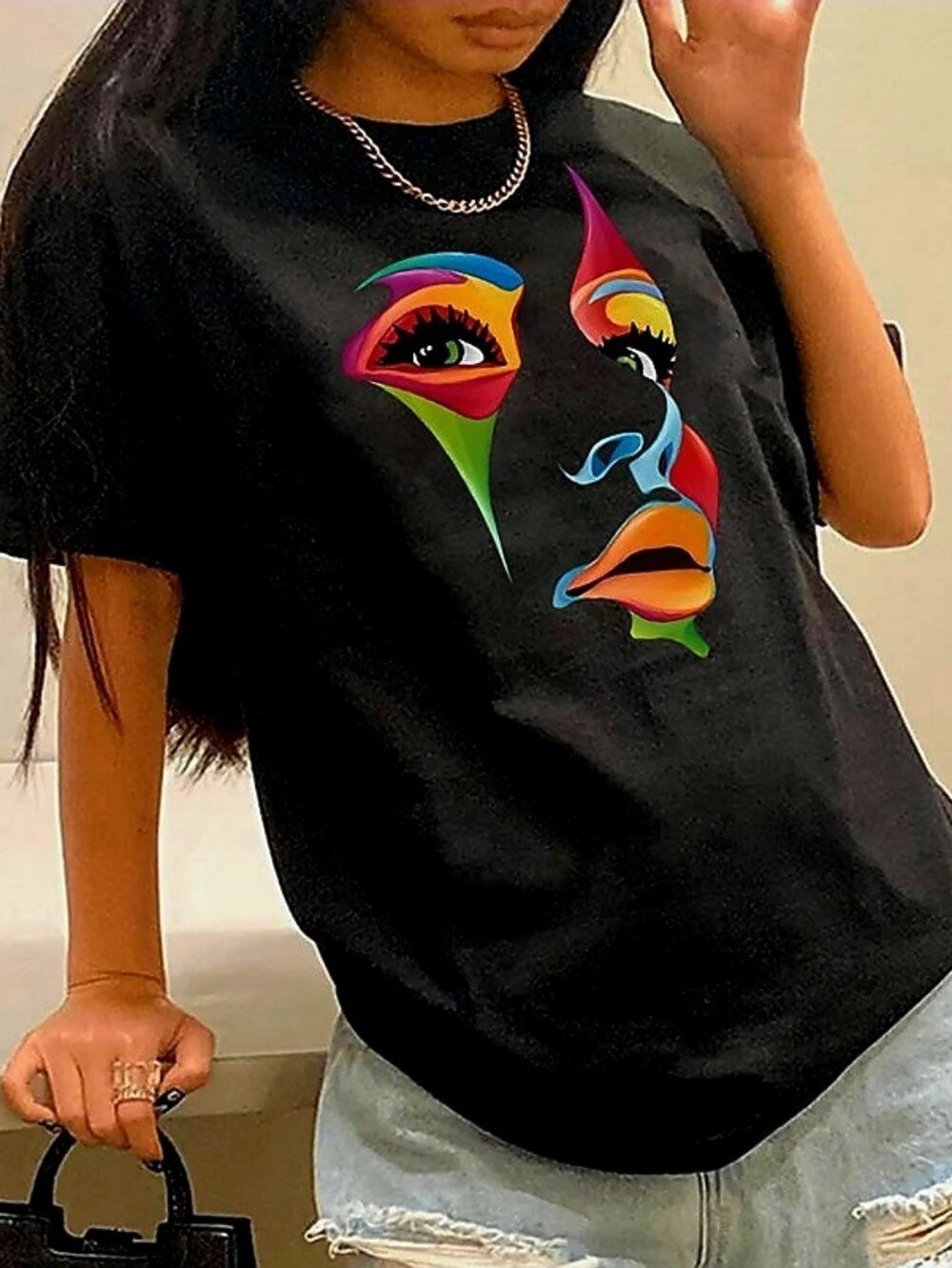 Black Graphic Tee with Colorful Abstract Face, Size XL, NWOT gallery