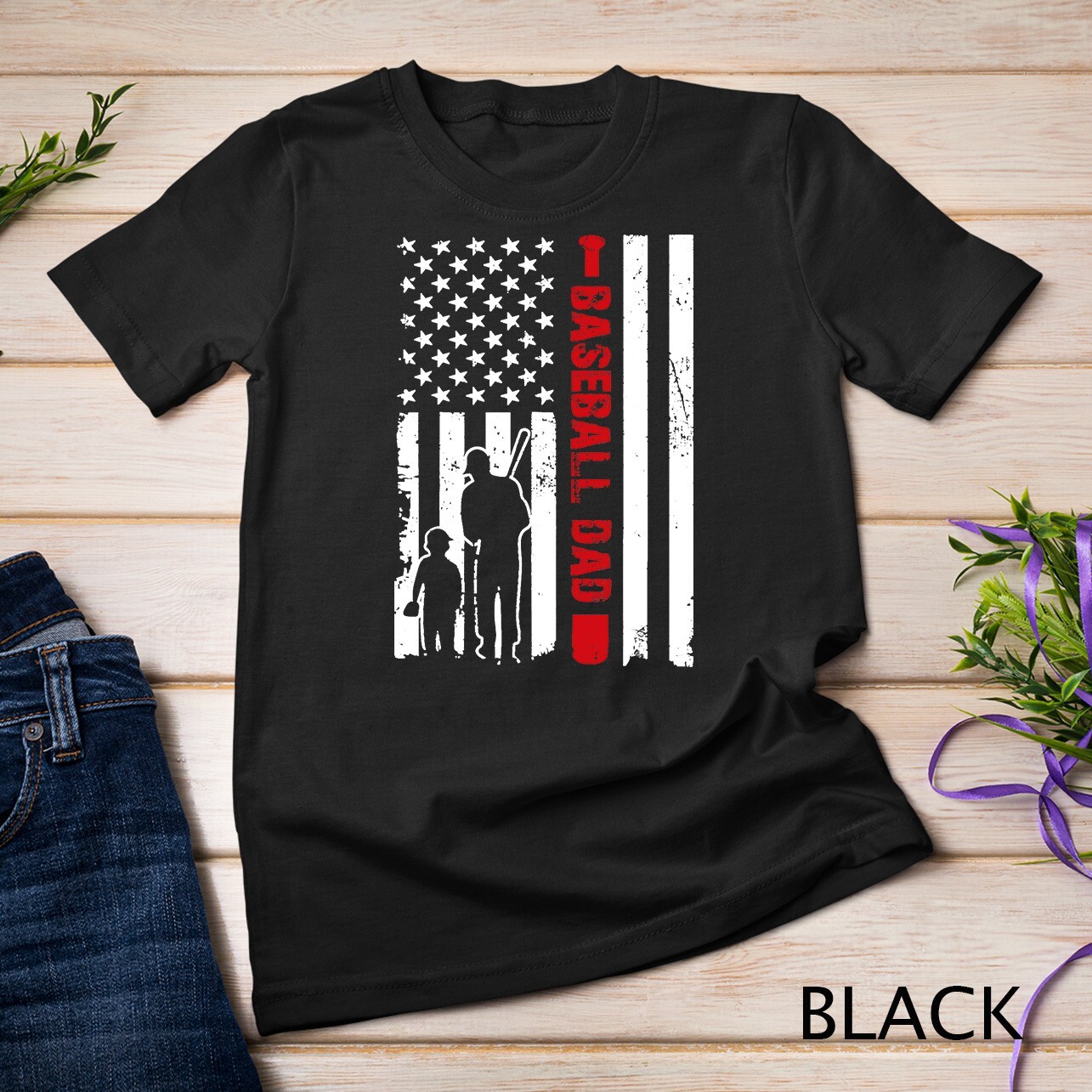 Mens Proud Baseball Dad American Flag Sports T-Shirt Unisex T-shirt