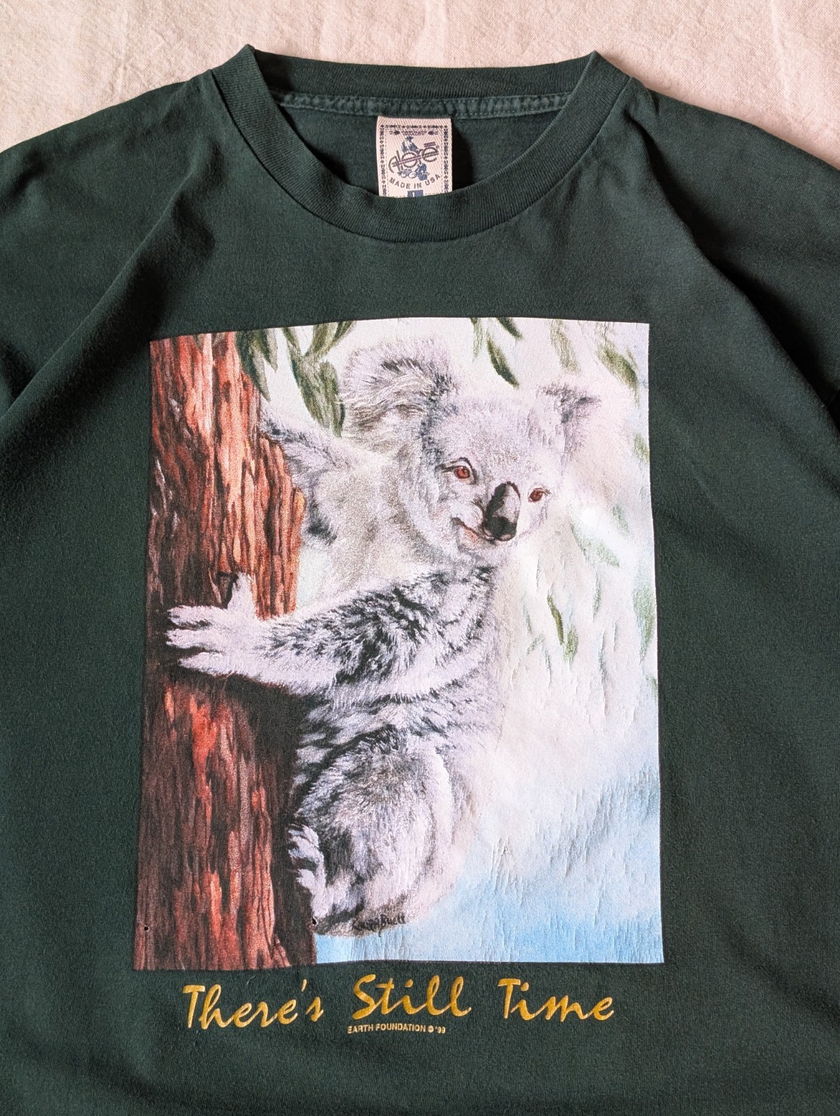 Vintage 1999 Koala Animal Nature Single Stitch Green Tee Alore Size USA Large