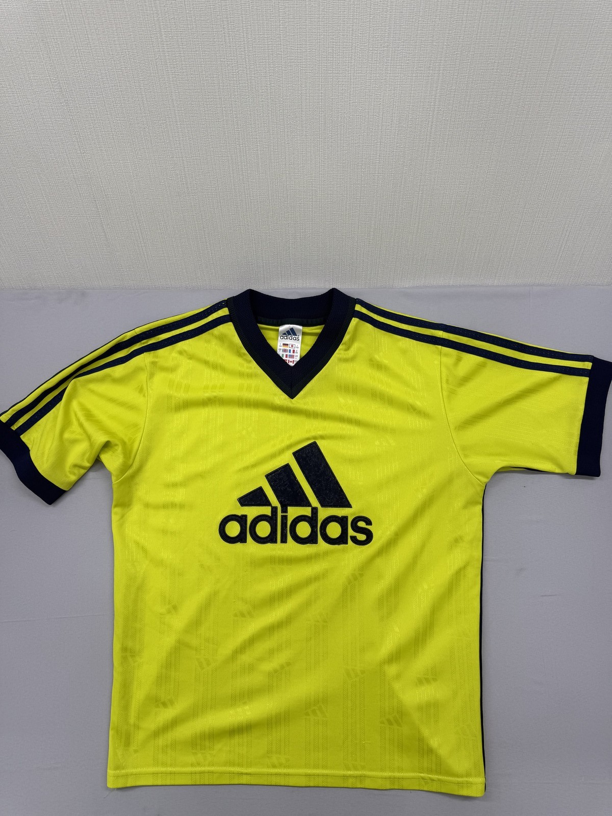 Adidas Soccer Jersey Yellow Striped L Short Sleeve V Neck 3-Stripes