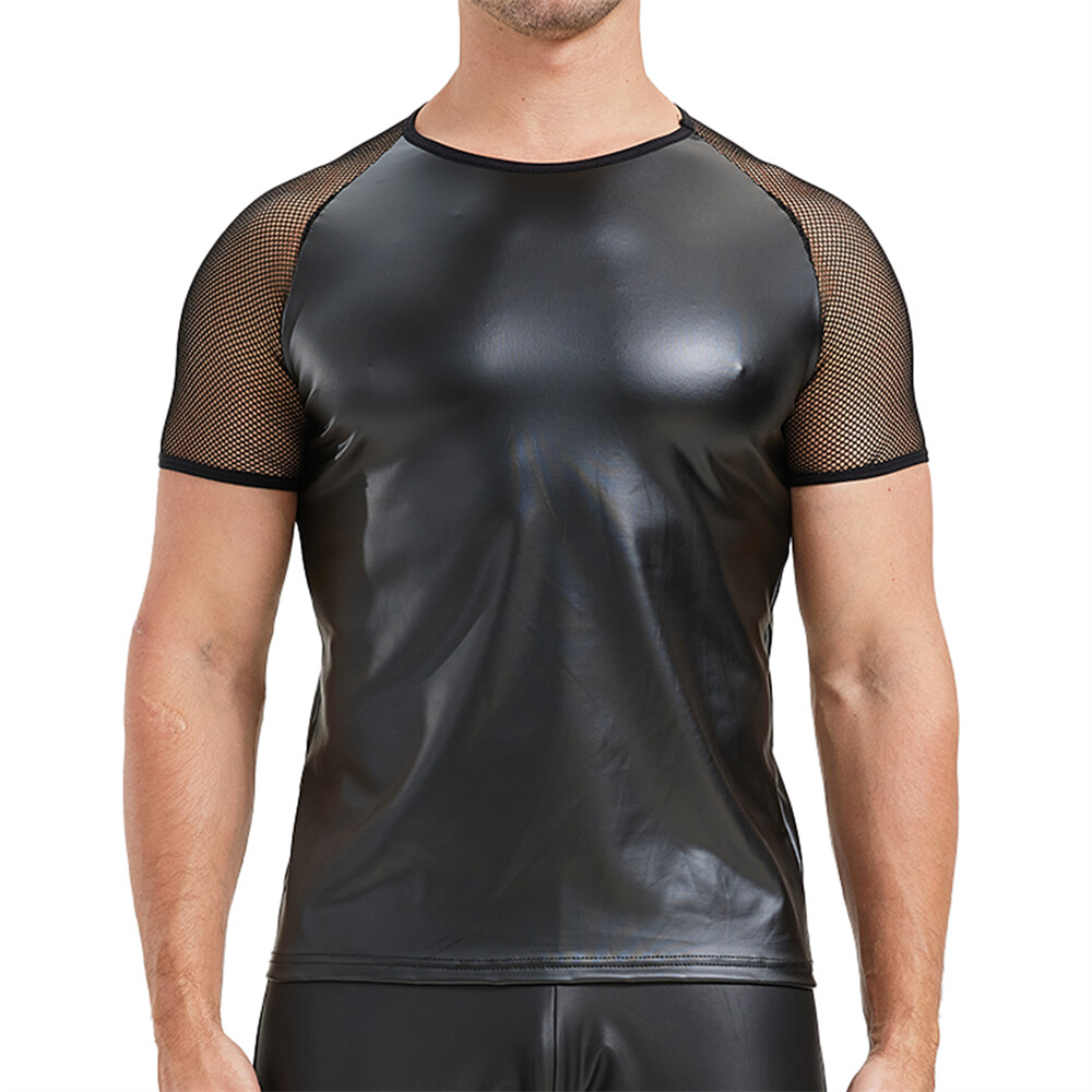 Men's Splicing Mesh Faux Leather Tops Slim Short Sleeve T-shirts Nightclub Tees gallery