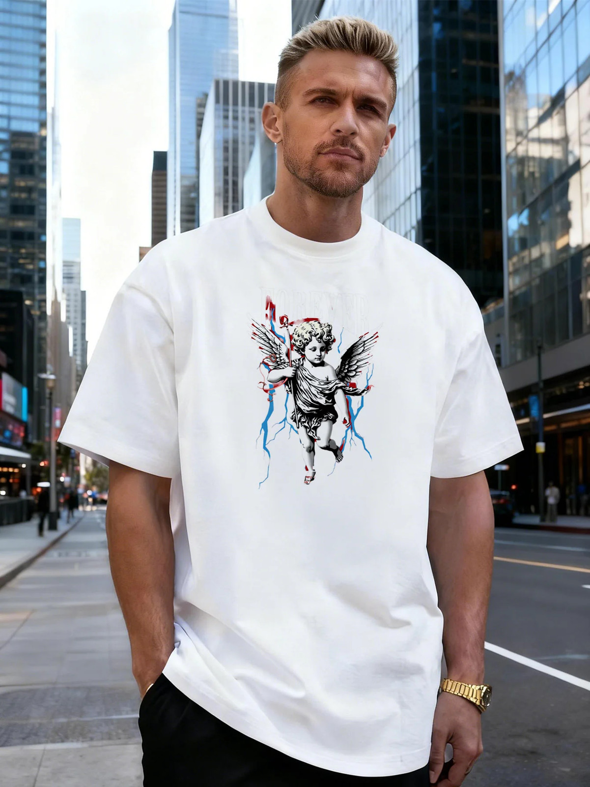 Angel Lightning Graphic 100% Cotton Men's T-Shirt, Suitable for Daily Streetwear gallery