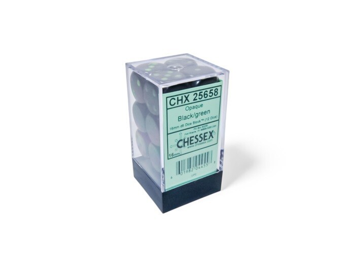 Chessex Opaque Black with Green 12 Dice Set – 6 Sided – 16mm d6 Dice Block