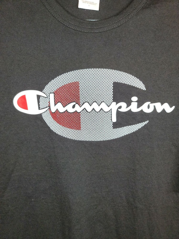 Champion Black W/ Large Red White Logo Men’s Size Large T Shirt 100% Cotton