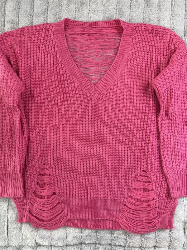 Sleek By R7 Pink Shredded Knit Distressed 3/4 Sleeve Sweater Size M Y2K A269