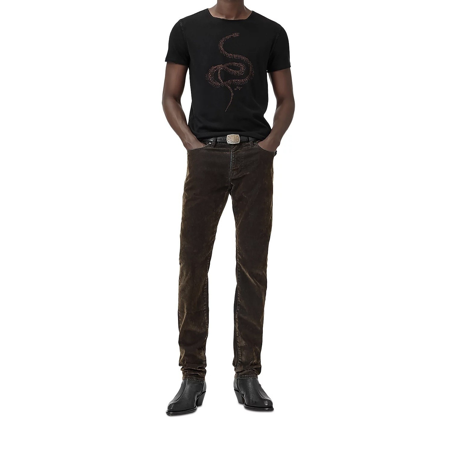 John Varvatos Men's Metallic Coiled Snake Embroidered Graphic Crew T-Shirt Black gallery