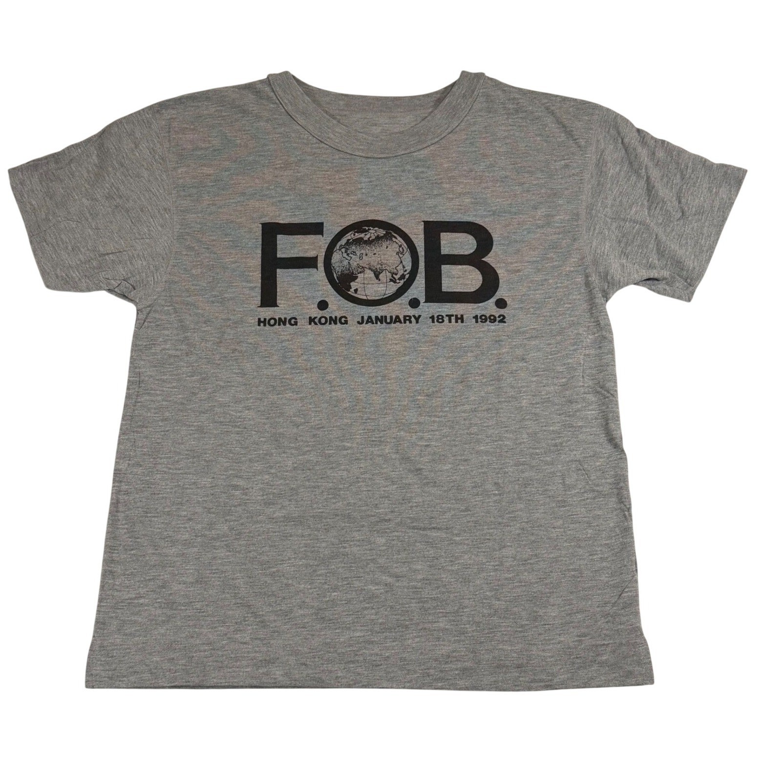 Vintage 1992 FOB Hong Kong Graphic T-Shirt XL Heather Gray January 18th Tee gallery