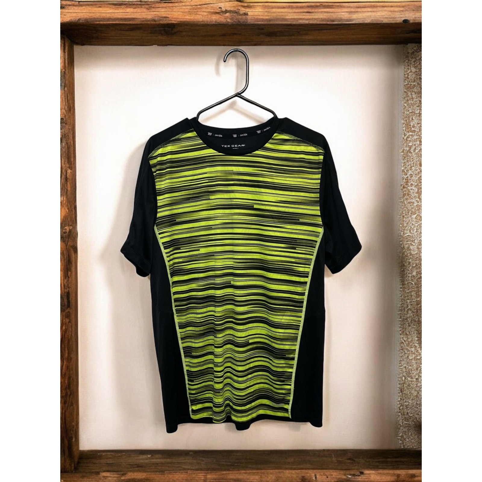 TEK GEAR Performance Dryteck Mens Shirt Sz Large Bright Yellow Black Striped gallery