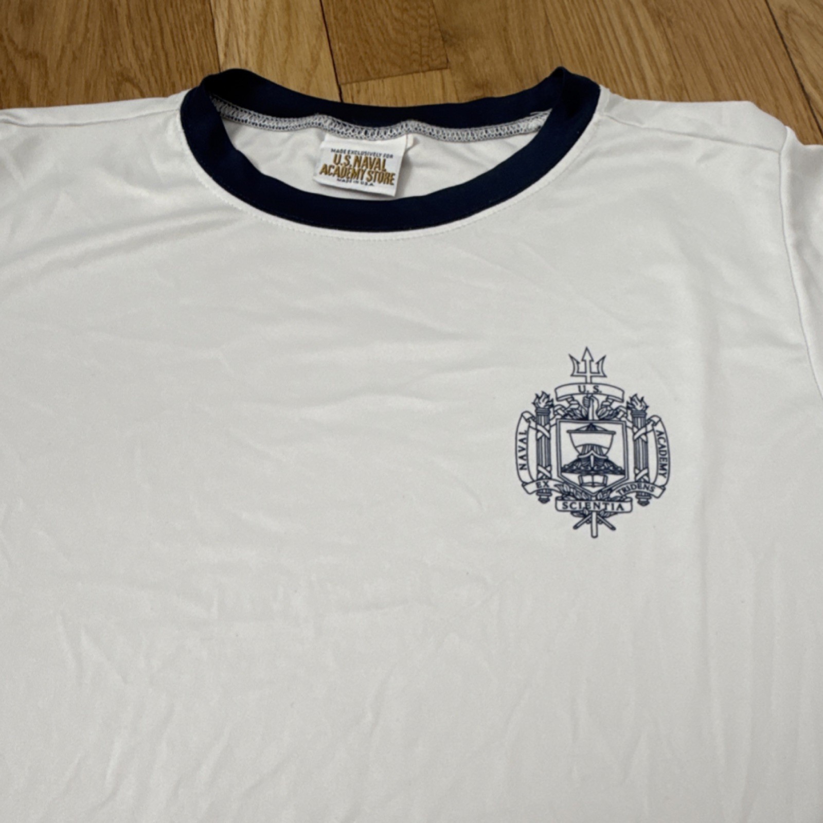 U.S. Naval Academy White Ringer T-shirt Navy Crest Militaria Made in USA size xs