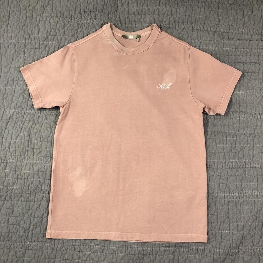Kith Shirt Men XS Pink Script Logo Embroidered Tee Crewneck Distressed Patina gallery