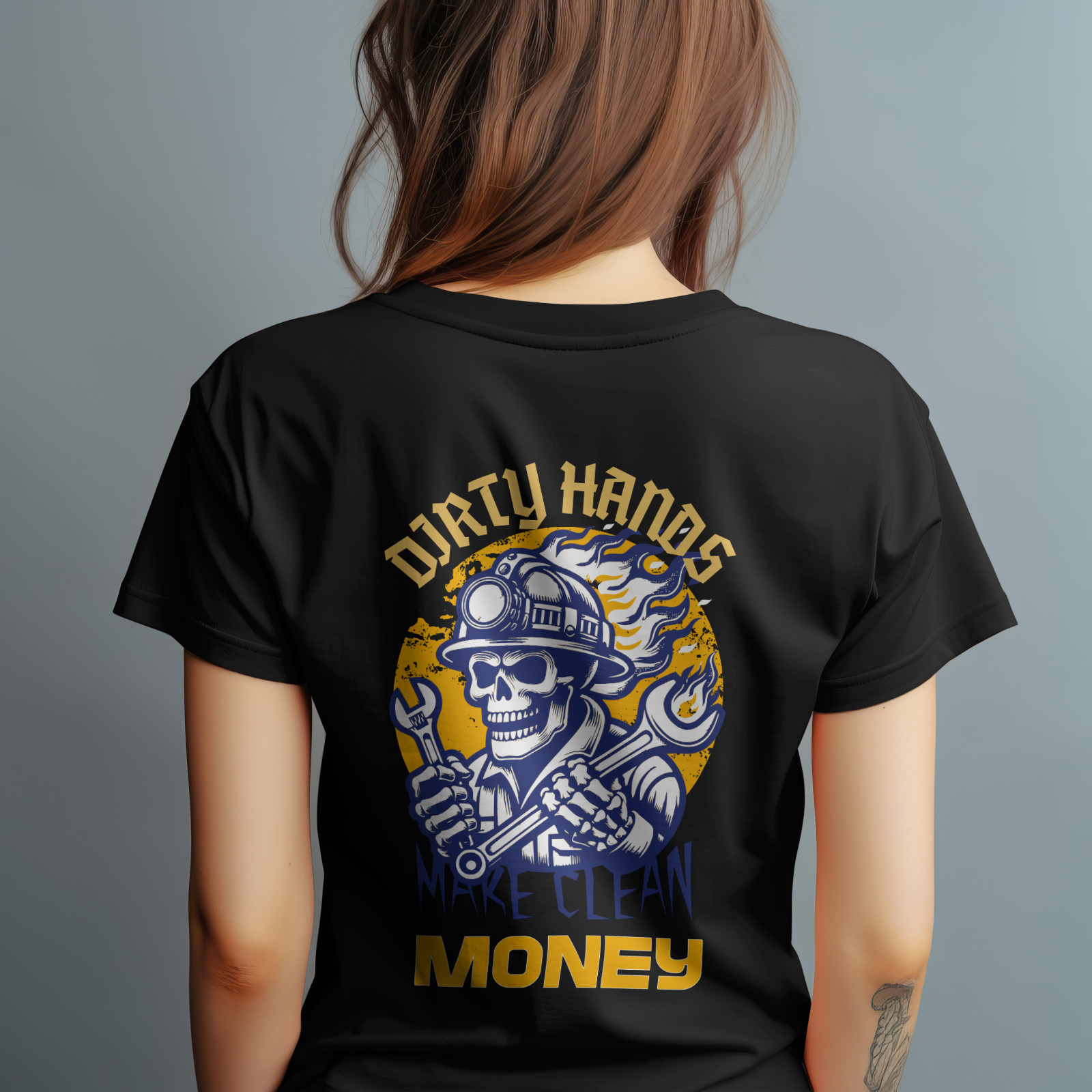 Dirty Hands Make Clean Money Shirt Blue Collar Skull Worker Tee Back Print gallery