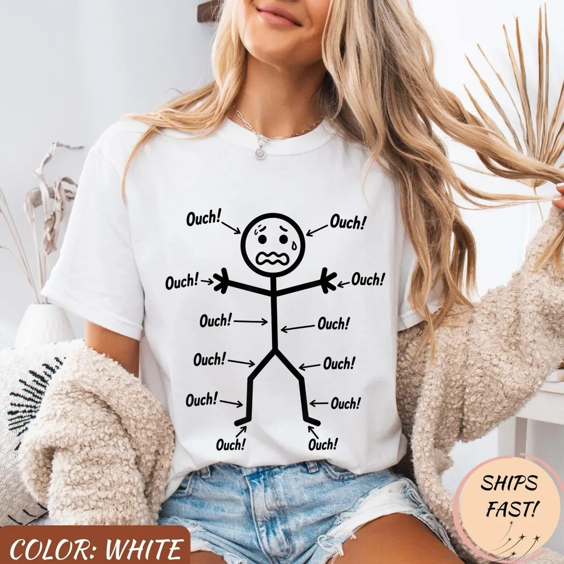 Ouch Ouch Ouch Funny Full Body Pain Humor Comedy Stickman T-Shirt gallery
