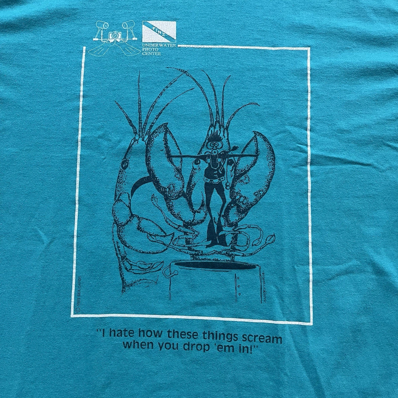1989 Diver Lobster Funny Graphic T-Shirt Aqua Blue Scuba Diving Ocean Size Large gallery