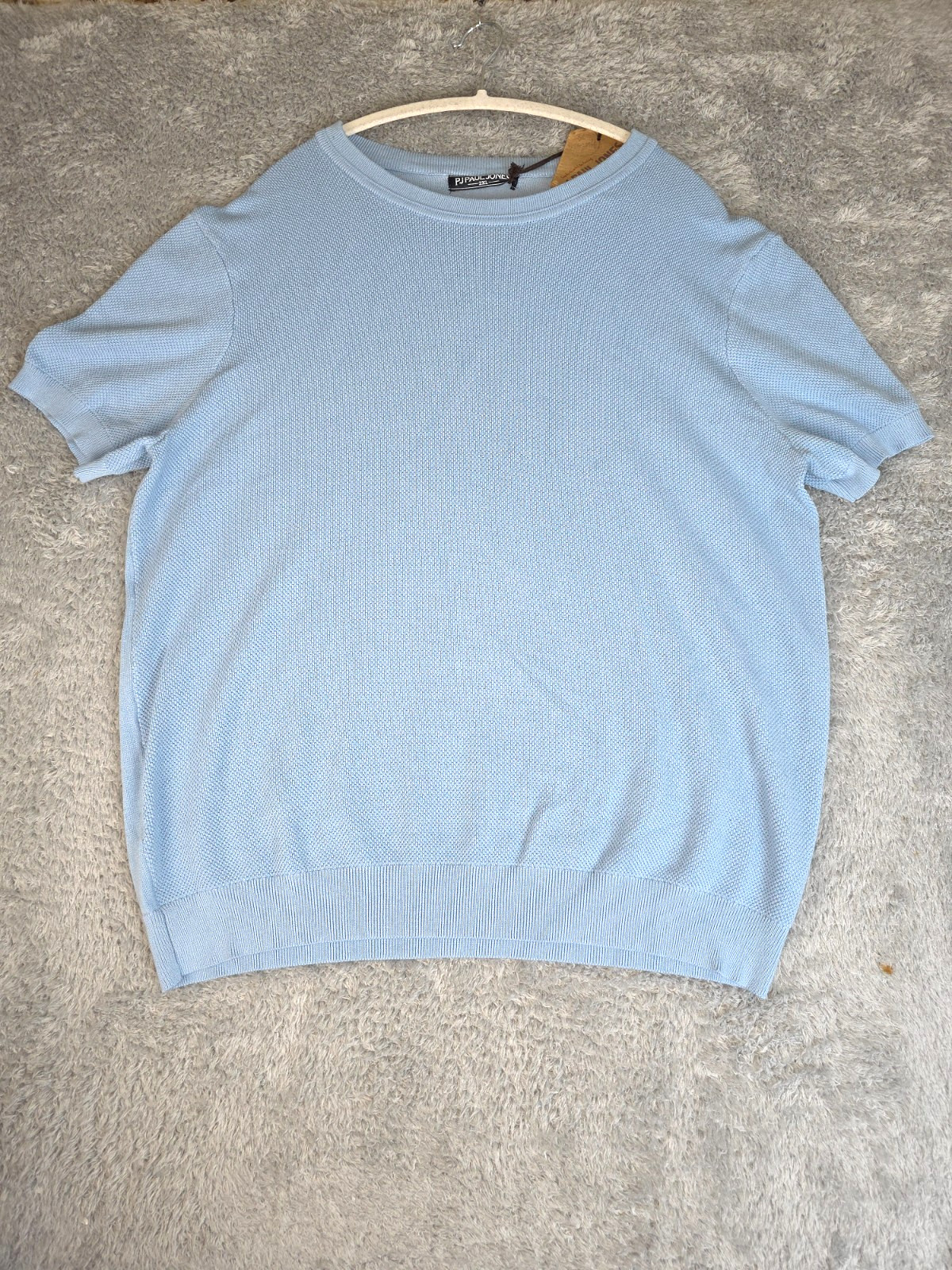 PJ PAUL JONES Mens Knitted T-Shirt Ribbed Cuff Crew Light Academia Blue 2XL