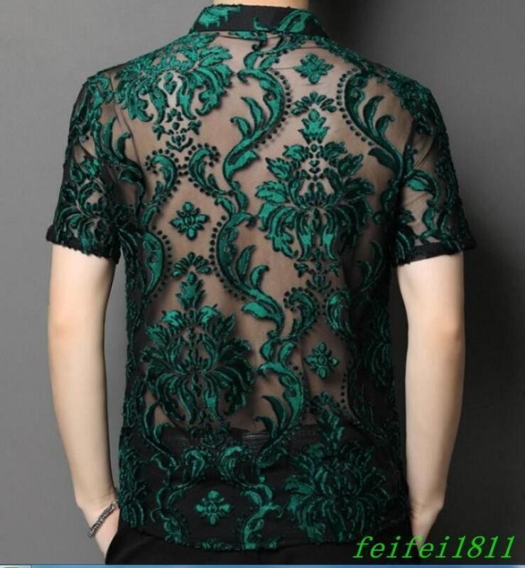 Chic Mens Hollow Out Floral Lace Shirts Short Sleeve Thin Lapel Tops Club Shirts gallery