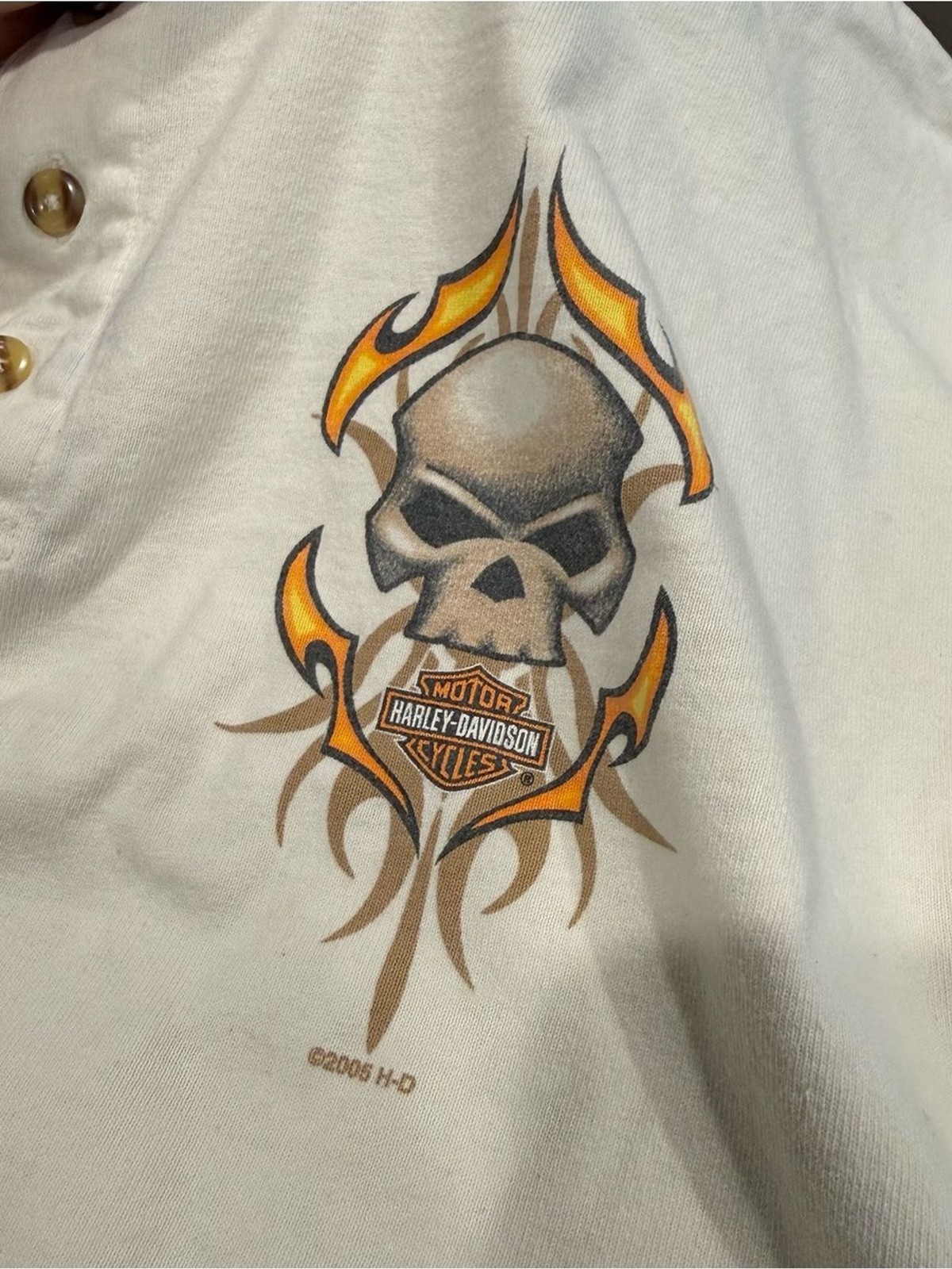 Harley Davidson vintage skull flame Henley long sleeve men’s large cream Y2K gallery