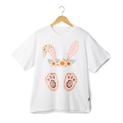 Happy Easter Leopard Bunny Ear Tee, Floral Accent Casual T-Shirt for Men Women