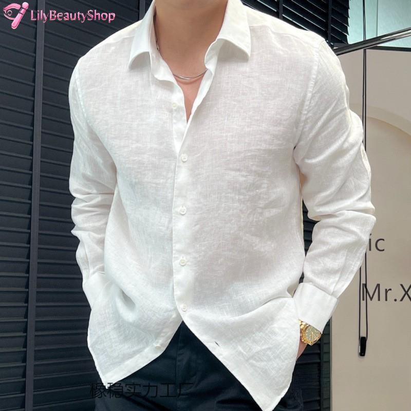 Cotton and Linen Solid-color Long-sleeved Shirts Mens Loose Tops Business Shirts gallery