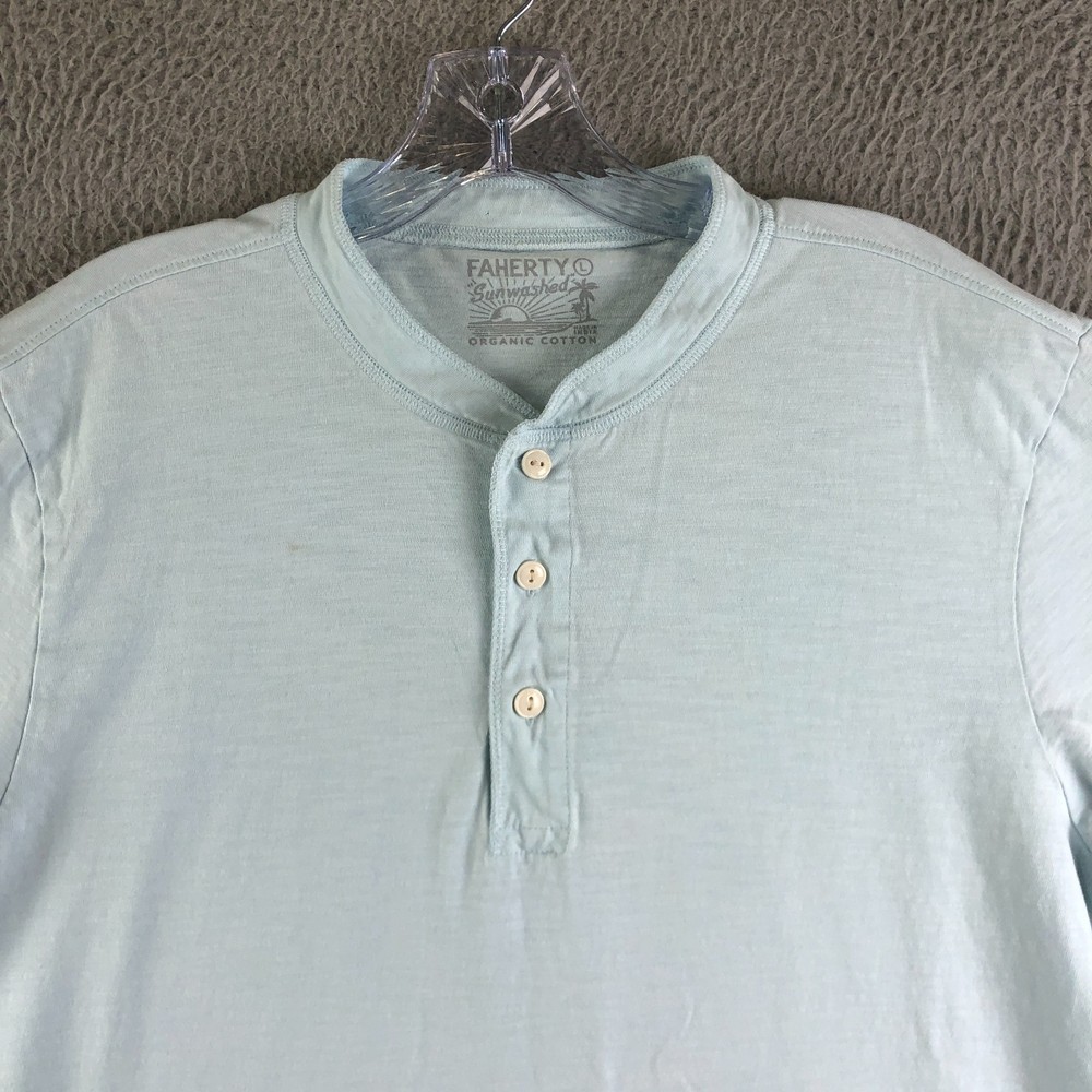 Faherty Sunwashed Henley Shirt Mens Large Blue Casual Preppy Cotton Short Sleeve