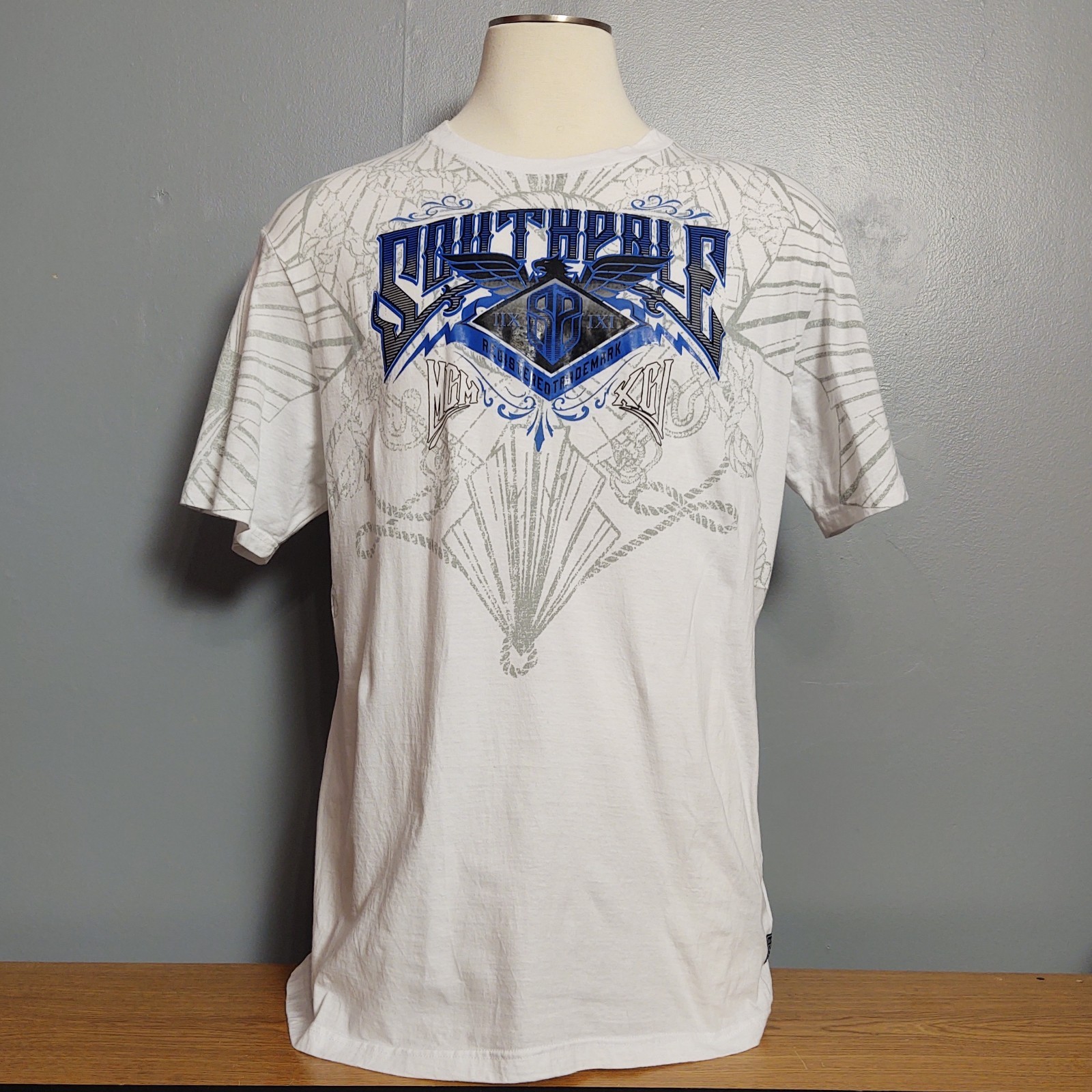 VTG Southpole T-Shirt Heat Press Spell Out Logo Short Sleeve White Y2K Men's XXL gallery