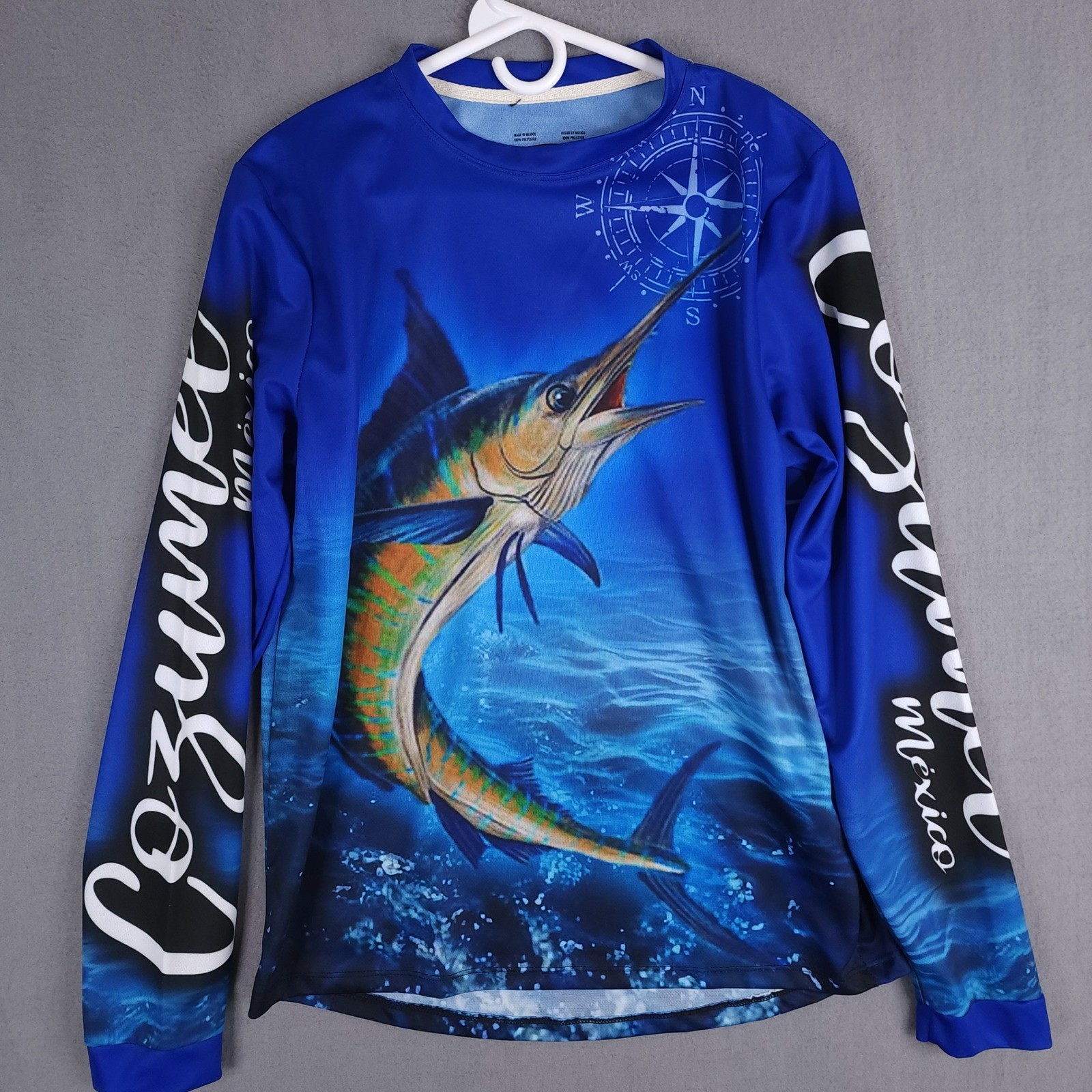 Cozumel Mexico Fishing Shirt Mens L Blue AOP Marlin Compass Graphic Performance gallery
