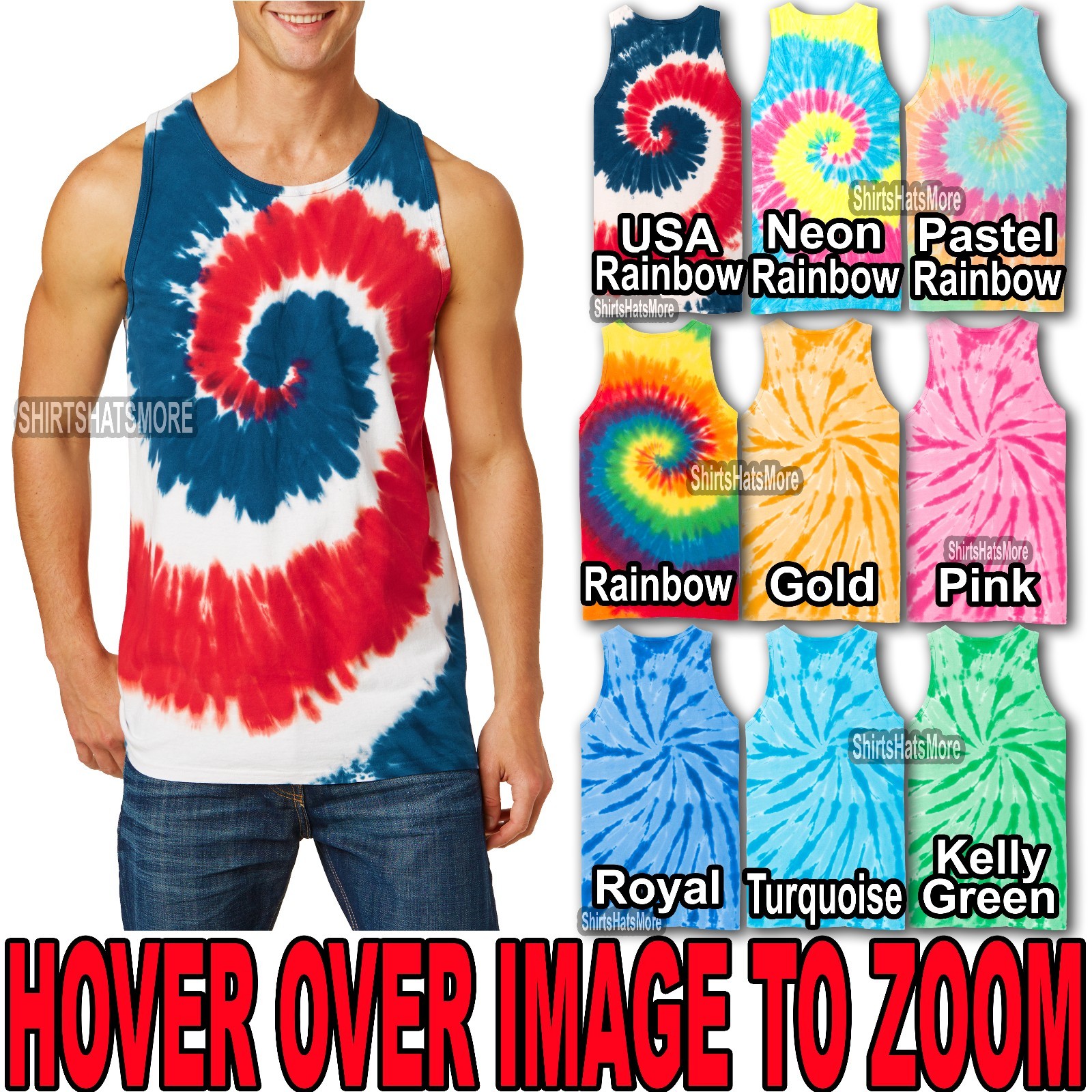 Mens Tie Dye TANK TOP Spiral Tye Die Sleeveless T-Shirt S-XL 2X, 3X, 4X NEW
