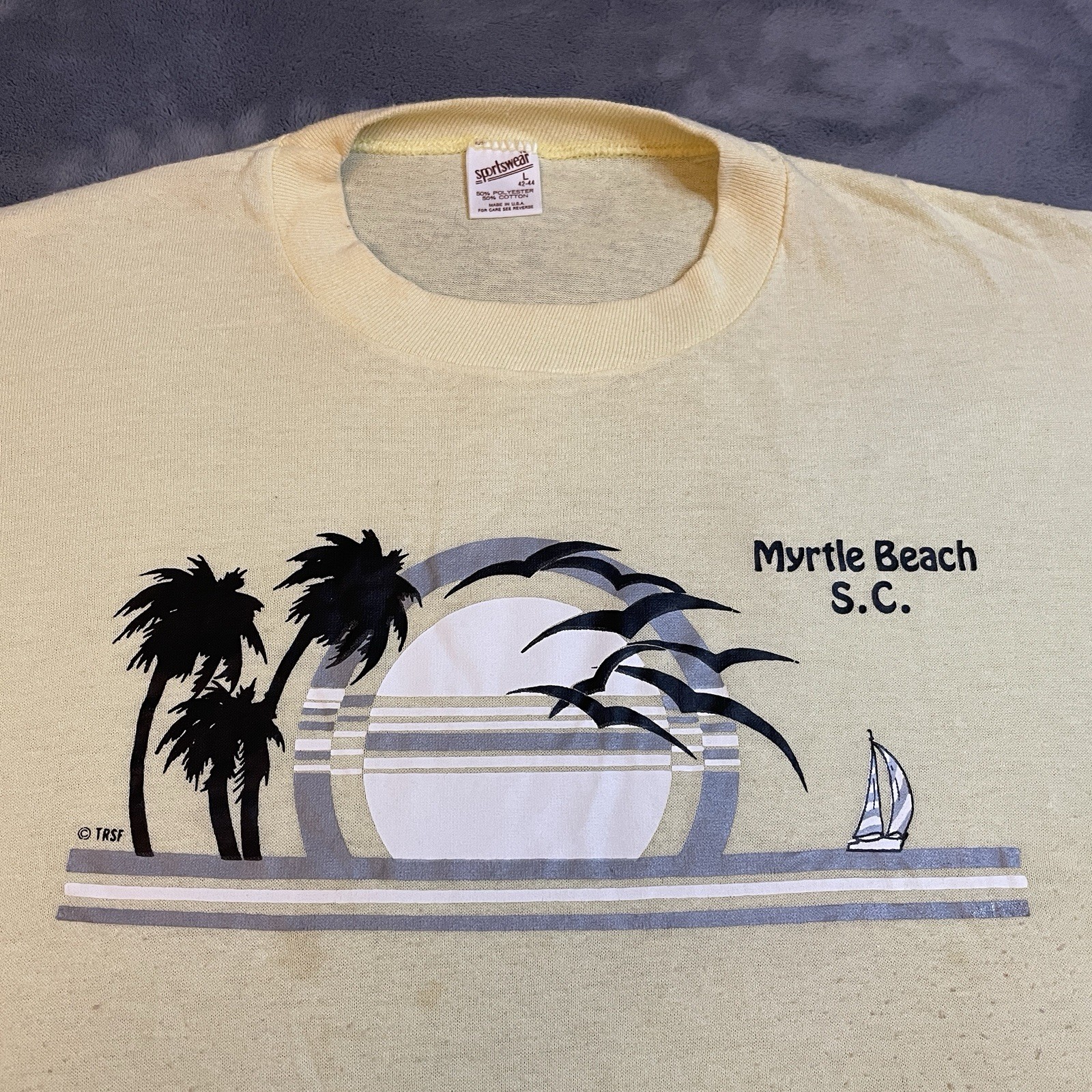 VTG 80s Single Stitch T-Shirt Men’s Medium Myrtle Beach Sunset Boat Art USA Made gallery