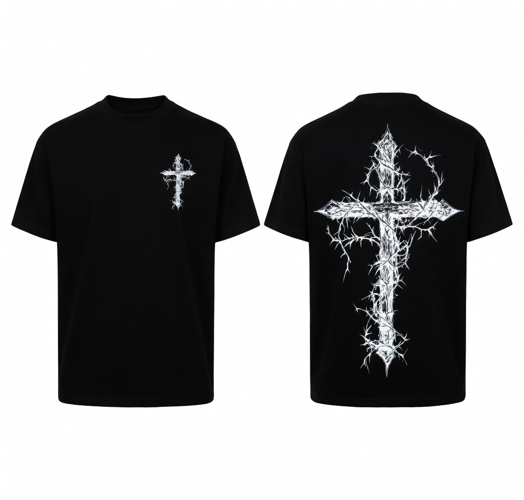 Gothic Thorn Cross Christian Faith Double Sided Graphic Tee