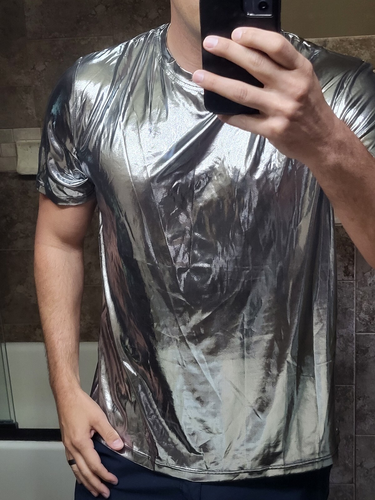 Shein Metallic Silver Shiny Shirt Mens Large NWT gallery