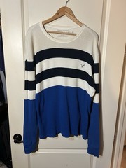 American Eagle Men’s XL Striped Waffle Knit Shirt Ivory Navy Blue Cotton Vintage