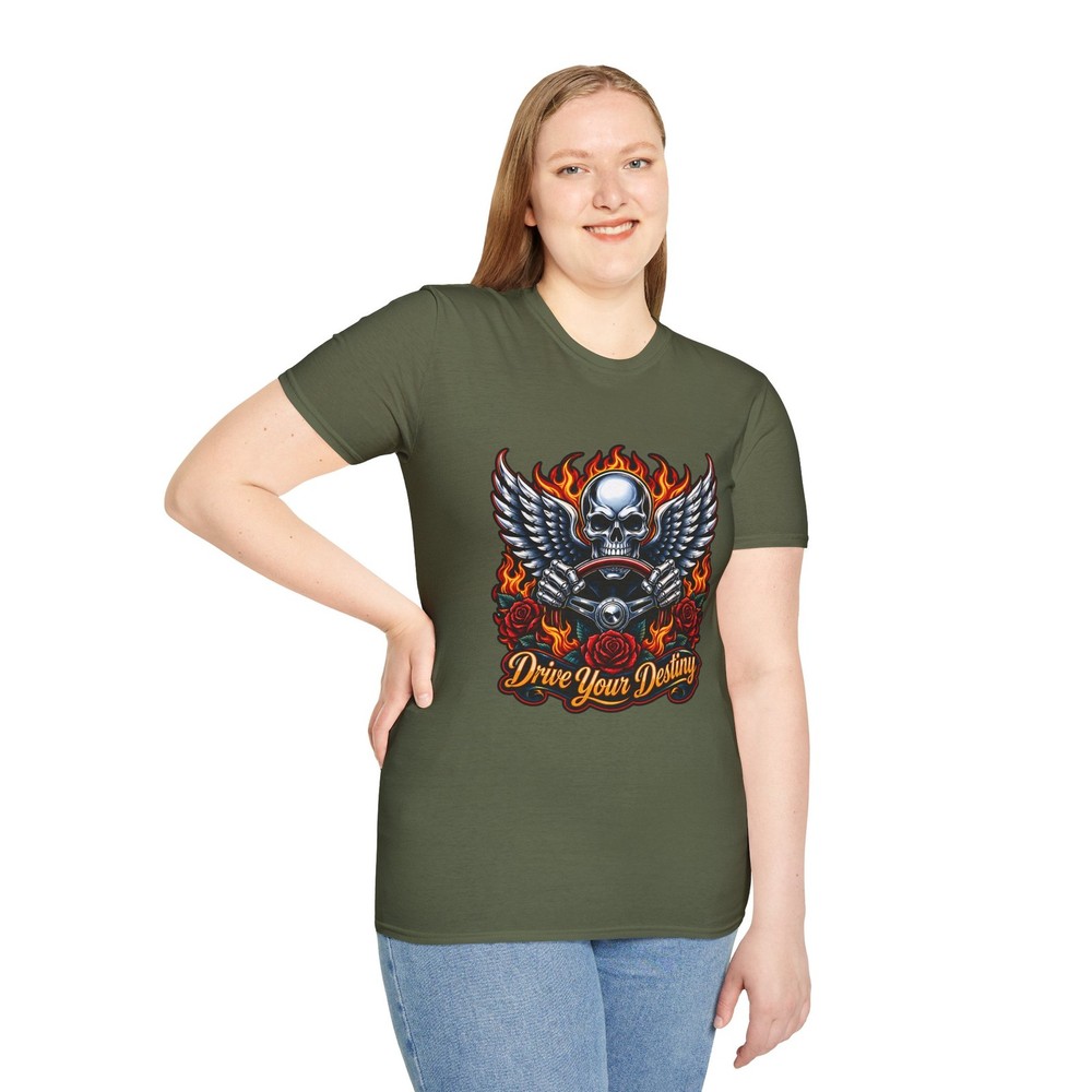 Chrome Skull Steering Wheel Angel Wings Flames Unisex Softstyle T-Shirt