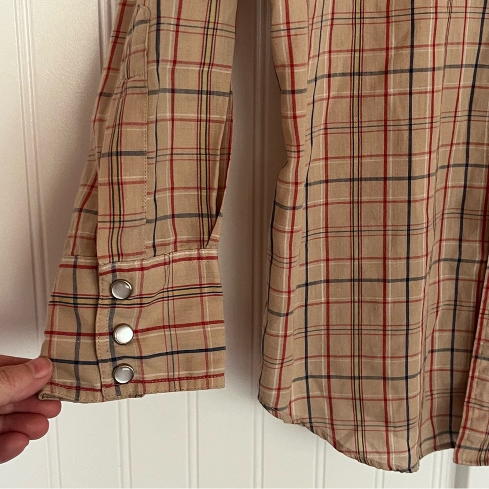 Vintage Men's Western Shirt Neutral Plaid Pearl Snaps Button Down Medium Rodeo gallery