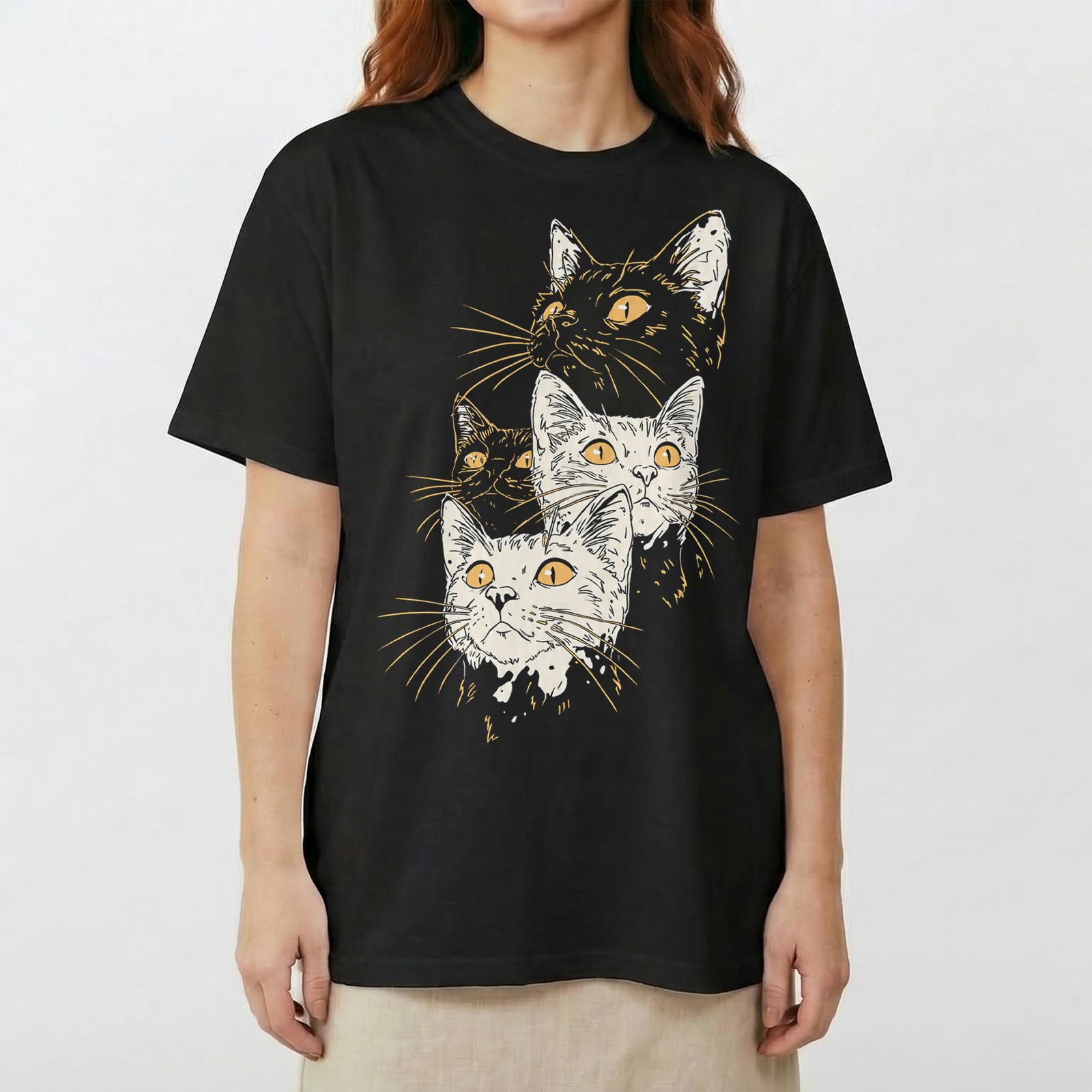 Sketch Style Cats Yellow Eyes Artistic Handdrawn T-Shirt Minimalist Feline Tee gallery