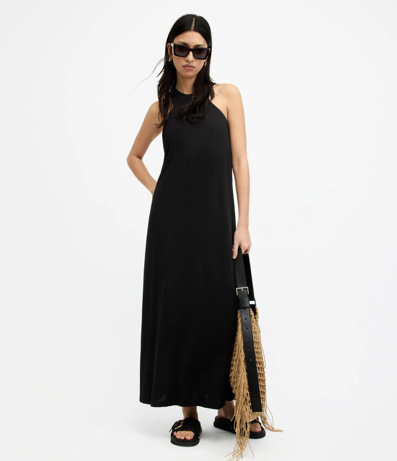 All Saints Womens Black Kura Maxi Dress Designer Viscose Regular Fit Stretch gallery